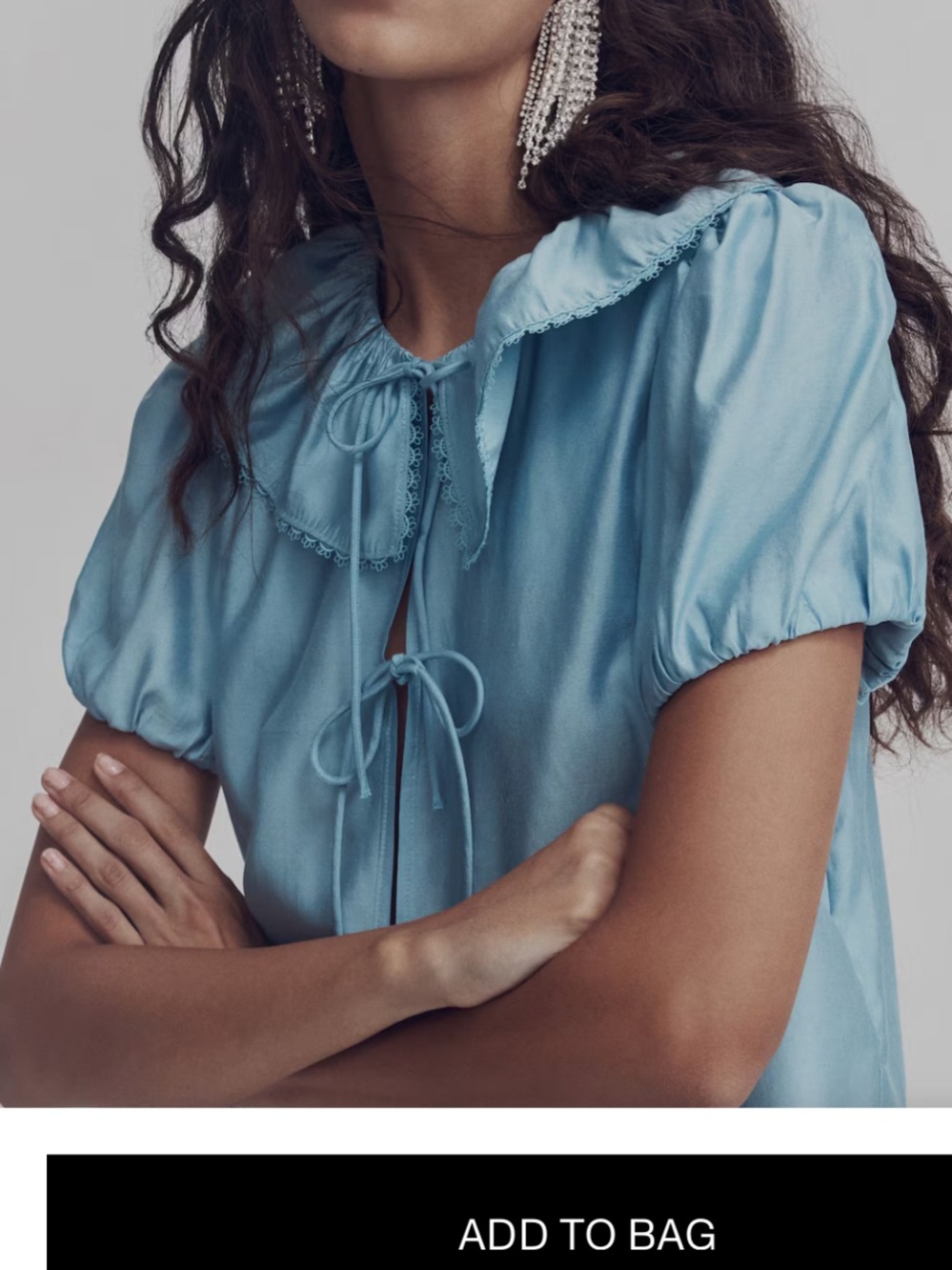 H&M Light Blue Ruffle Collar Tie-Front Blouse, nwt - Picture 1 of 17